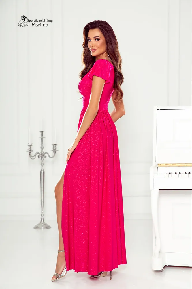 Fuchsiové třpytivé společenské šaty "Gabriela" s výstřihem do "V", rukávkem a rozparkem