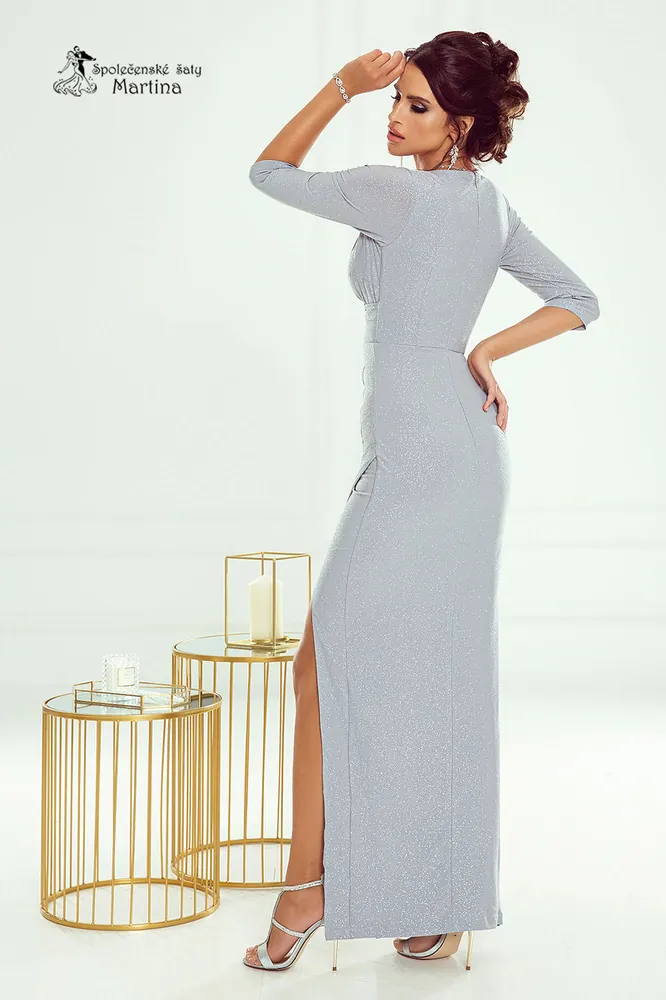 Bodycon stříbrné třpytivé šaty "Olimpia" s 3/4 rukávem - vel. 42