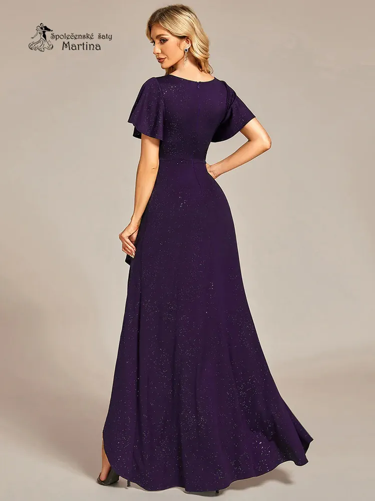 Tmavě fialové třpytivé šaty s asymetrickou sukní "Mallory" - vel. 40