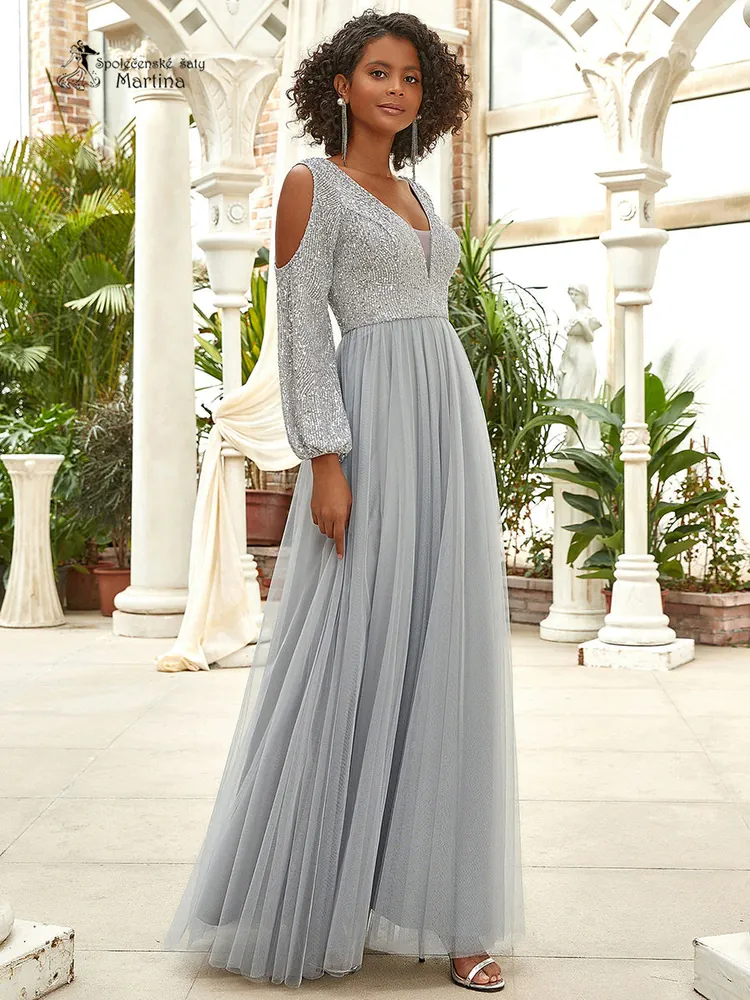 Popelavě šedé tylové šaty s třpytivým živůtkem a dlouhými rukávy "Maryanne" - vel. 40
