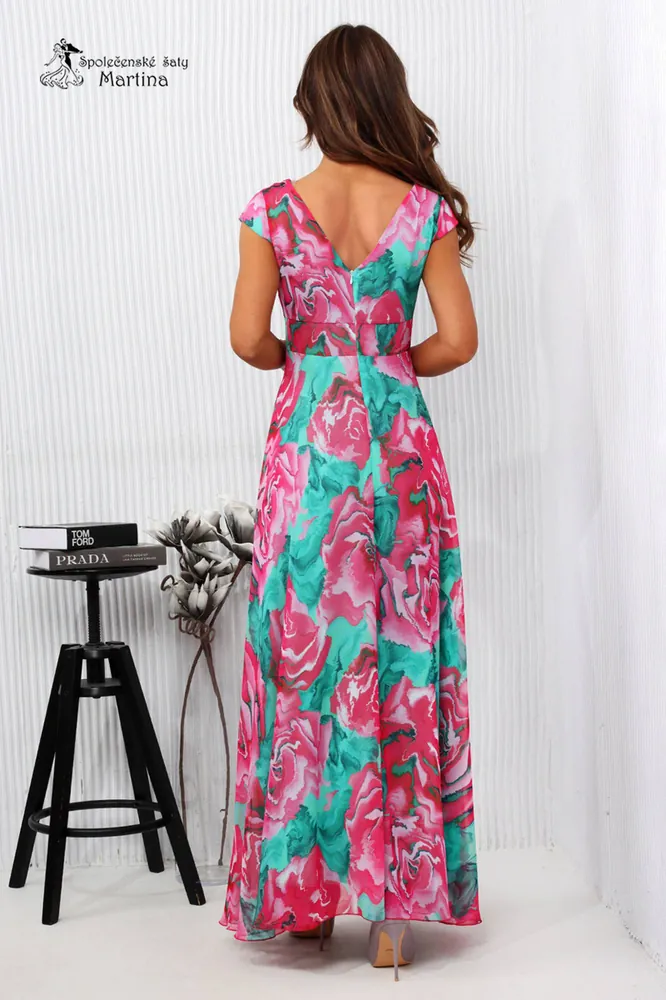 Lehké letní dlouhé šaty s potiskem "Emma" - zeleno-fuchsiové - vel. 40