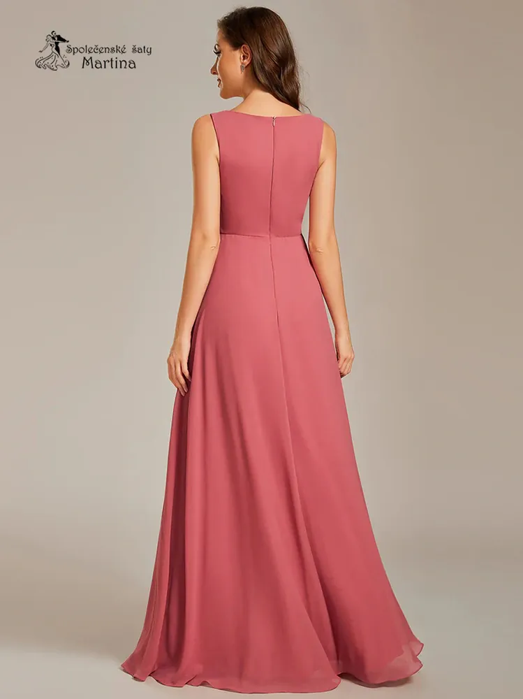 Jahodové šaty na široká ramínka "Britney" s aplikací v pase - vel. 44