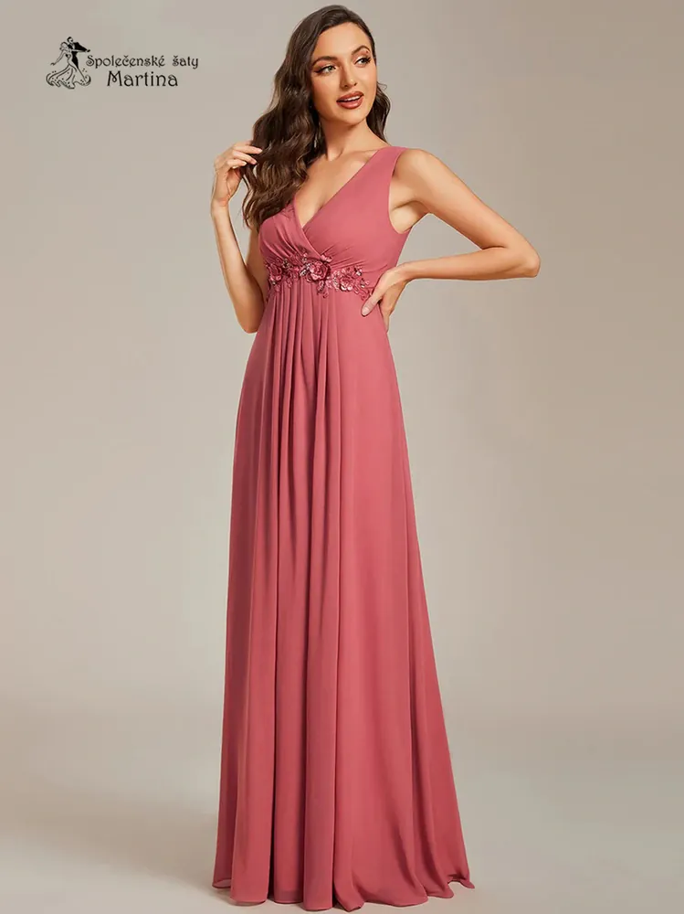 Jahodové šaty na široká ramínka "Britney" s aplikací v pase - vel. 44