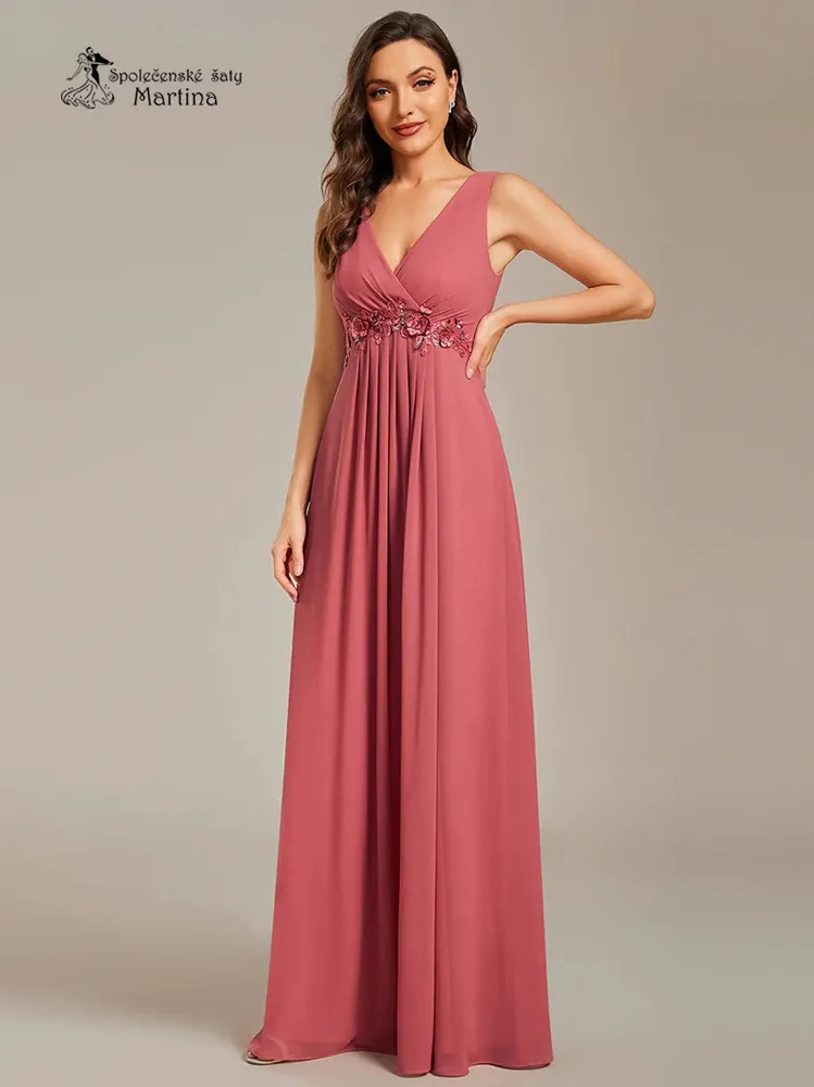 Jahodové šaty na široká ramínka "Britney" s aplikací v pase - vel. 44