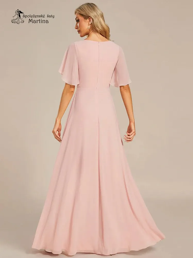 Růžové šifonové šaty "Pandora" s volným rukávem a aplikací v pase - vel. 34