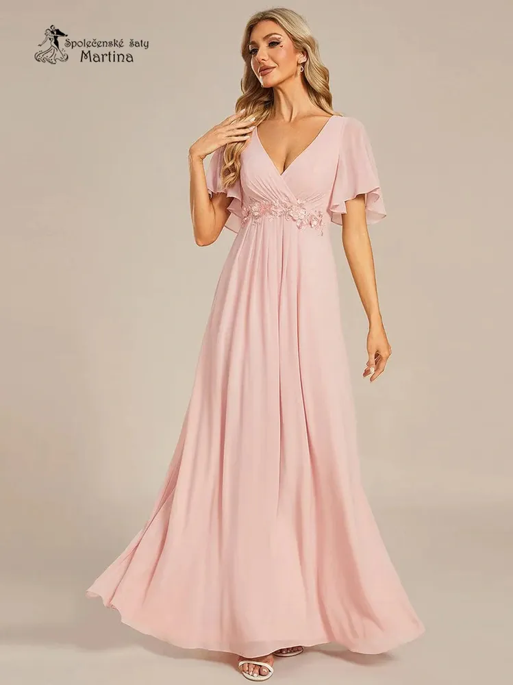 Růžové šifonové šaty "Pandora" s volným rukávem a aplikací v pase - vel. 34