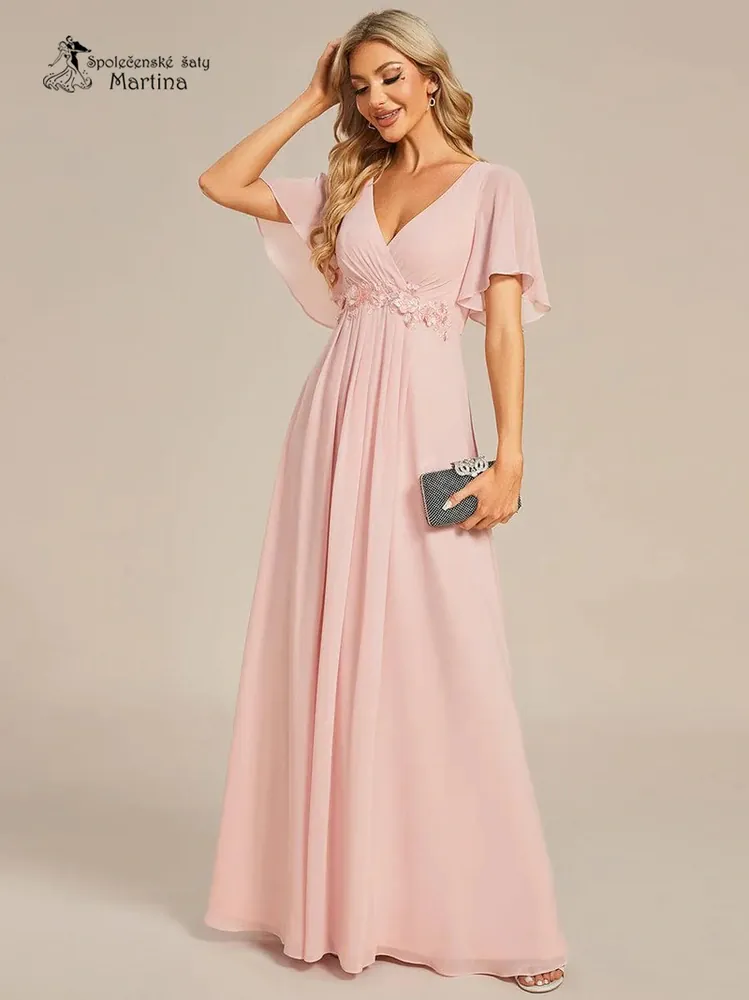 Růžové šifonové šaty "Pandora" s volným rukávem a aplikací v pase - vel. 44