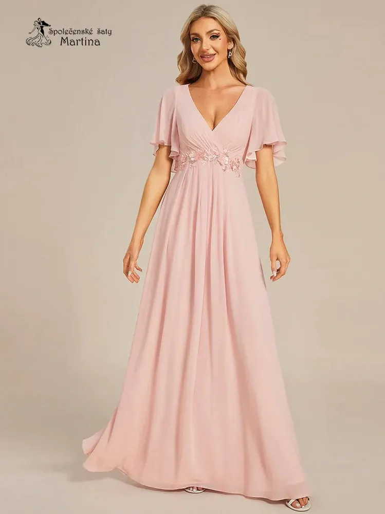 Růžové šifonové šaty "Pandora" s volným rukávem a aplikací v pase - vel. 44