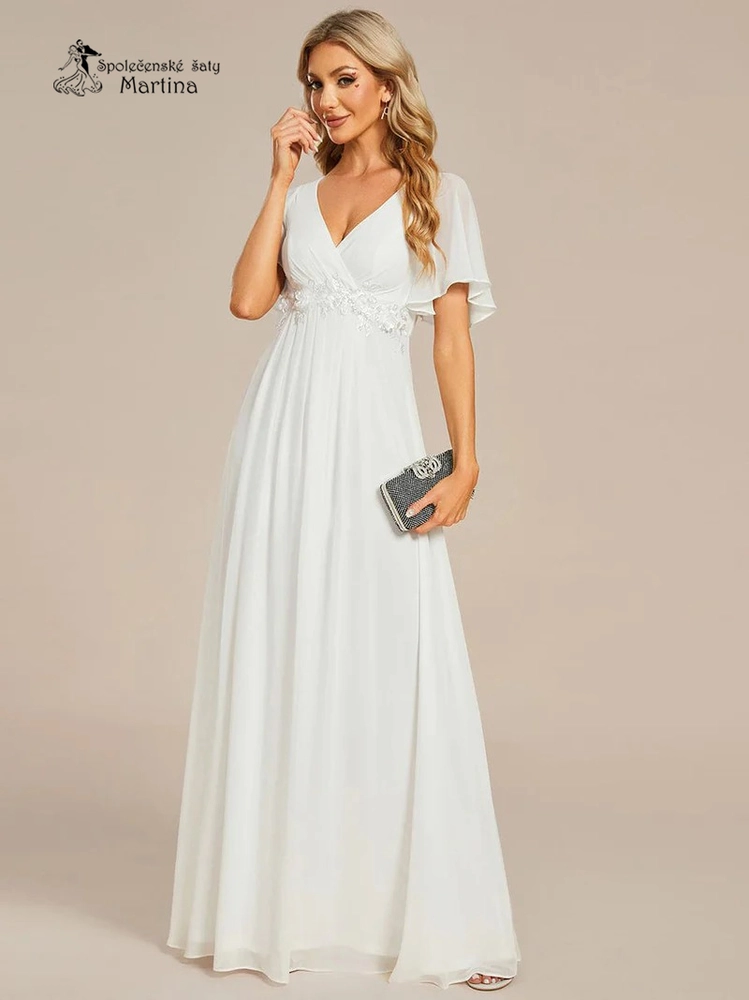Svatební šifonové šaty "Pandora" s volným rukávem a aplikací v pase - vel. 44