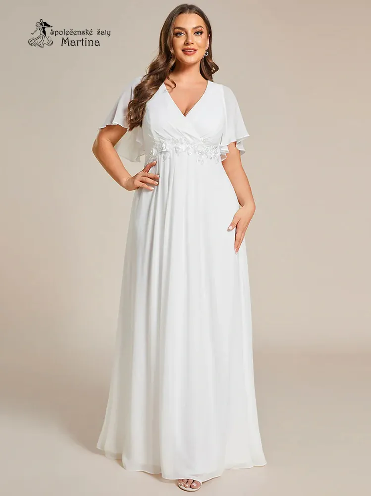 Svatební šifonové šaty "Pandora" s volným rukávem a aplikací v pase - vel. 50