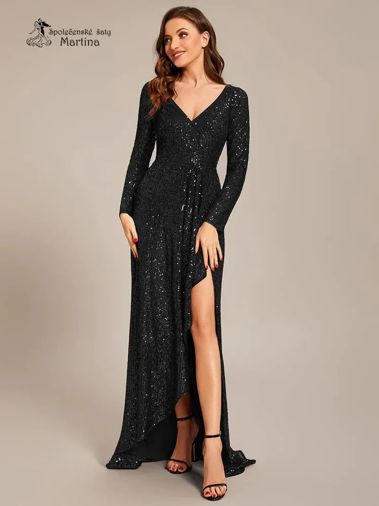 Černé flitrové asymetrické šaty s rozparkem a dlouhým rukávem "Connie" - vel. 34