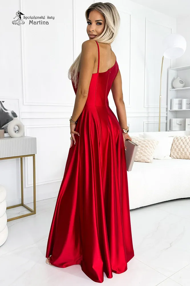 Červené saténové společenské šaty na jedno širší ramínko "Susan" - vel. M