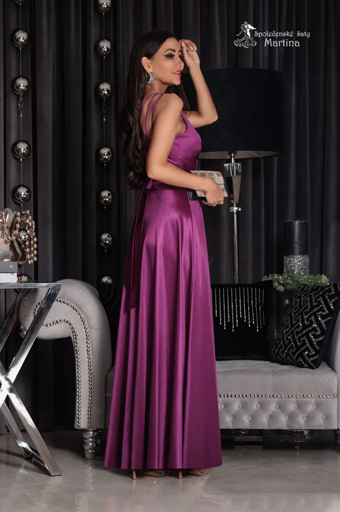 Švestkové saténové společenské šaty "Marina" na trojitá ramínka - vel. 36