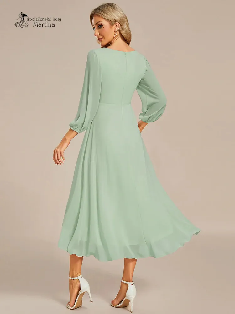 Pistáciové midi asymetrické šifonové šaty s 3/4 rukávem "Hirah" - vel. 38