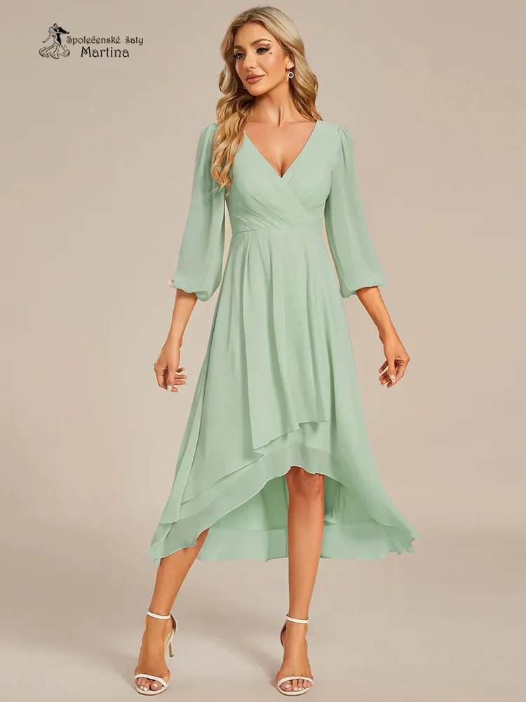 Pistáciové midi asymetrické šifonové šaty s 3/4 rukávem "Hirah" - vel. 38