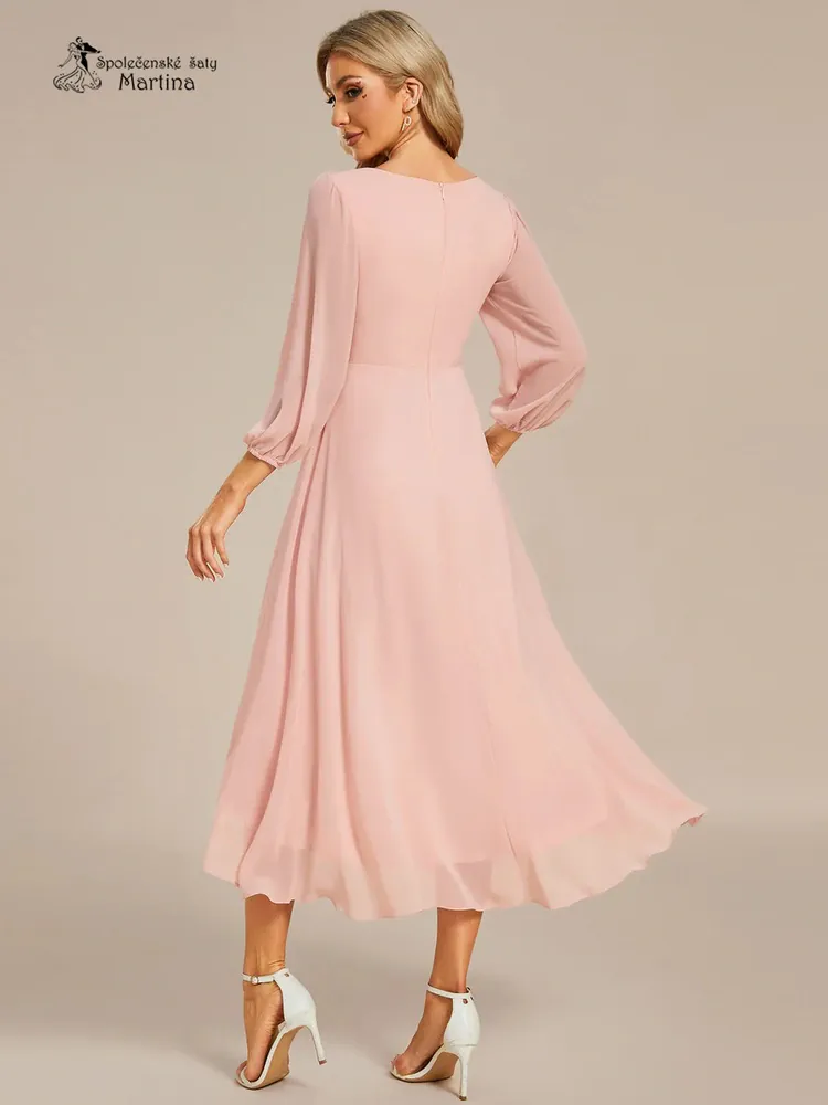 Světle růžové midi asymetrické šifonové šaty s 3/4 rukávem "Hirah" - vel. 38