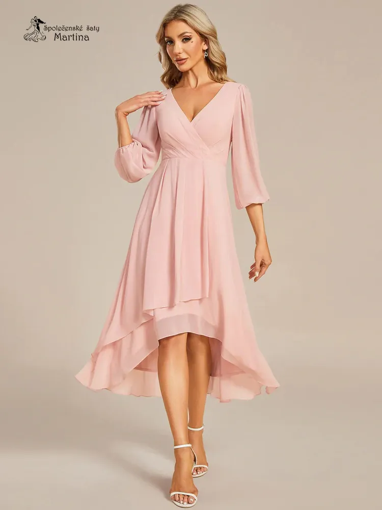 Světle růžové midi asymetrické šifonové šaty s 3/4 rukávem "Hirah" - vel. 38