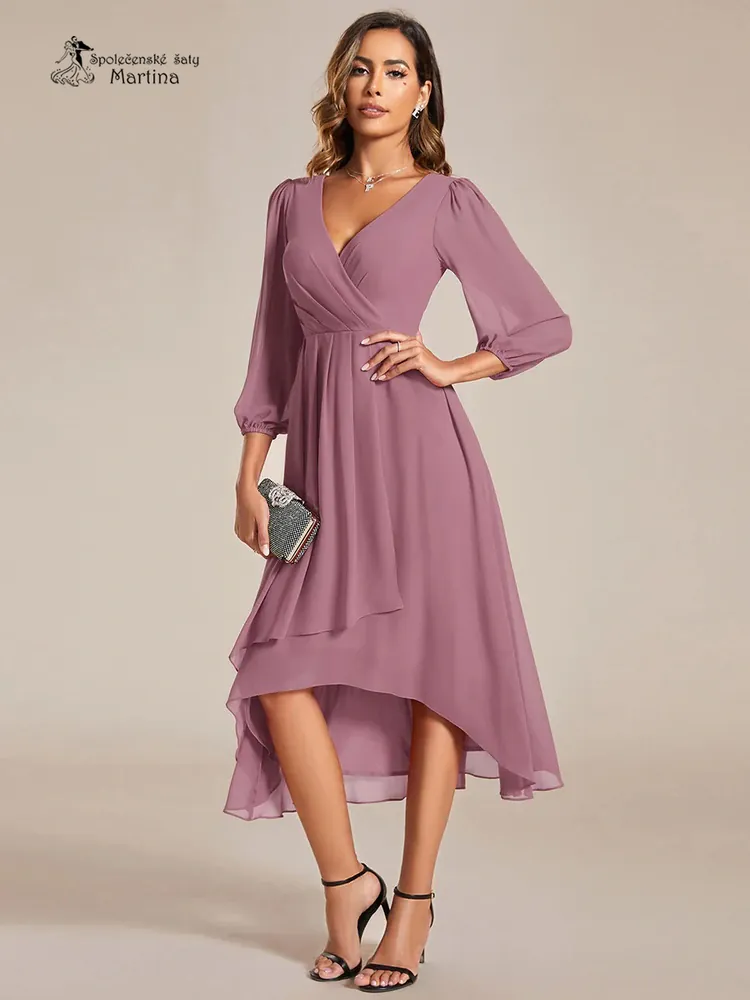 Starorůžové midi asymetrické šifonové šaty s 3/4 rukávem "Hirah" - vel. 46