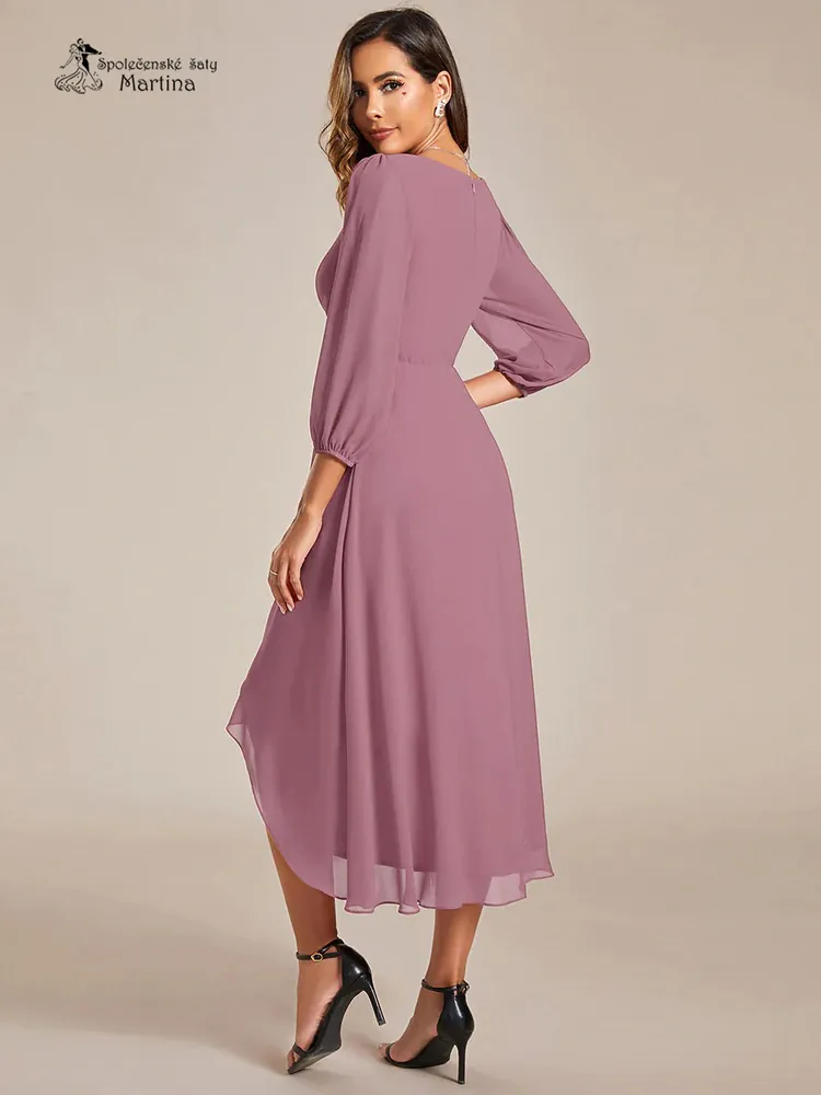 Starorůžové midi asymetrické šifonové šaty s 3/4 rukávem "Hirah" - vel. 46