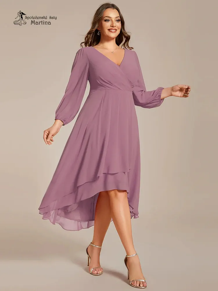 Starorůžové midi asymetrické šifonové šaty s 3/4 rukávem "Hirah" - vel. 50