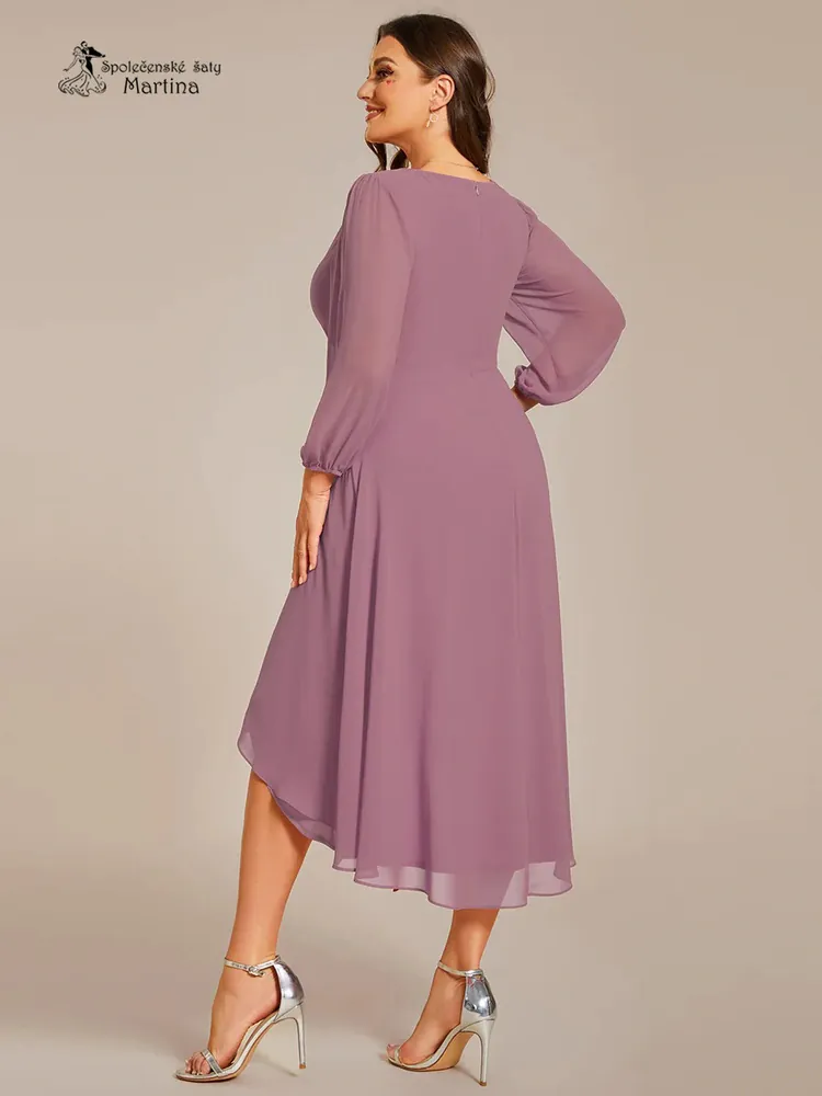 Starorůžové midi asymetrické šifonové šaty s 3/4 rukávem "Hirah" - vel. 52