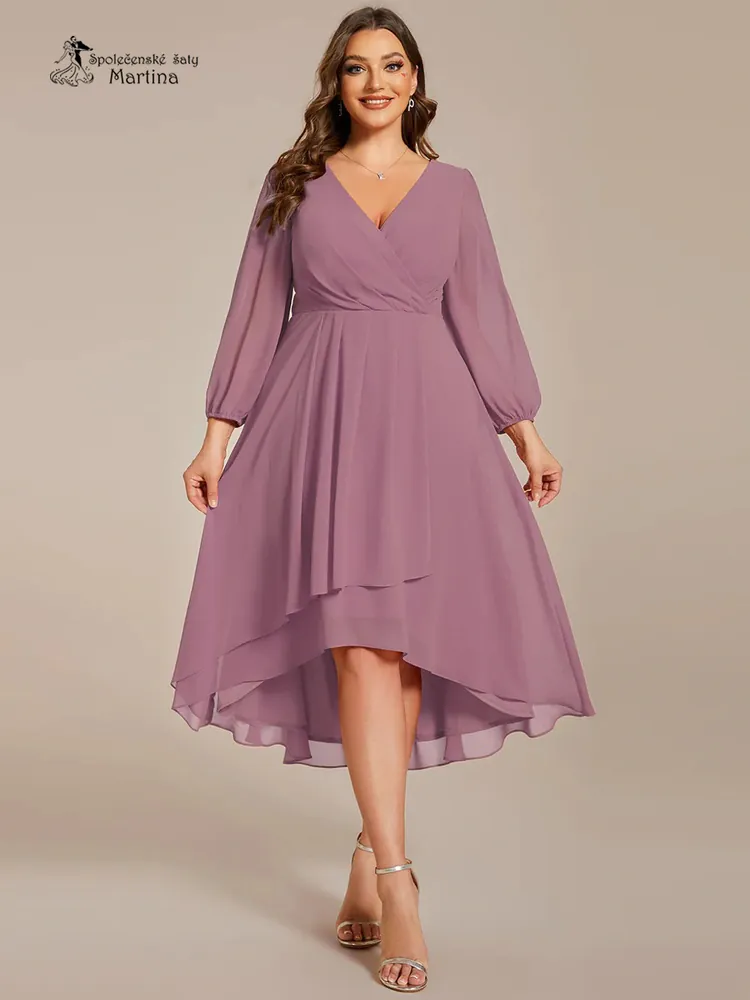 Starorůžové midi asymetrické šifonové šaty s 3/4 rukávem "Hirah" - vel. 52