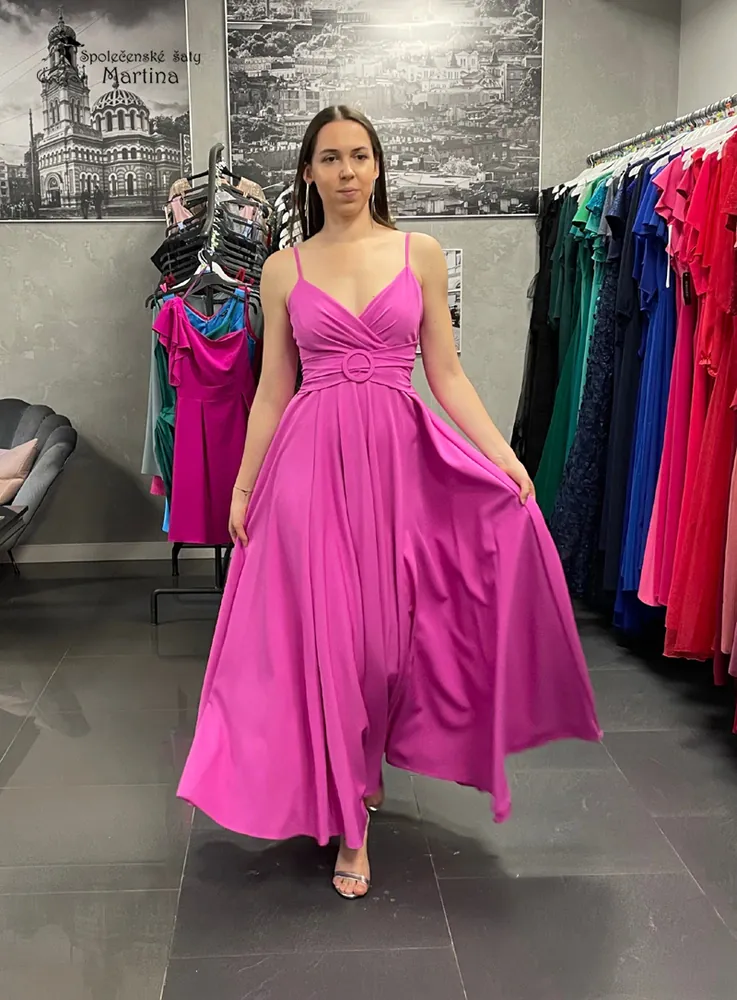 Intenzivně růžové společenské šaty "Valencia" na tenká ramínka - vel. 38