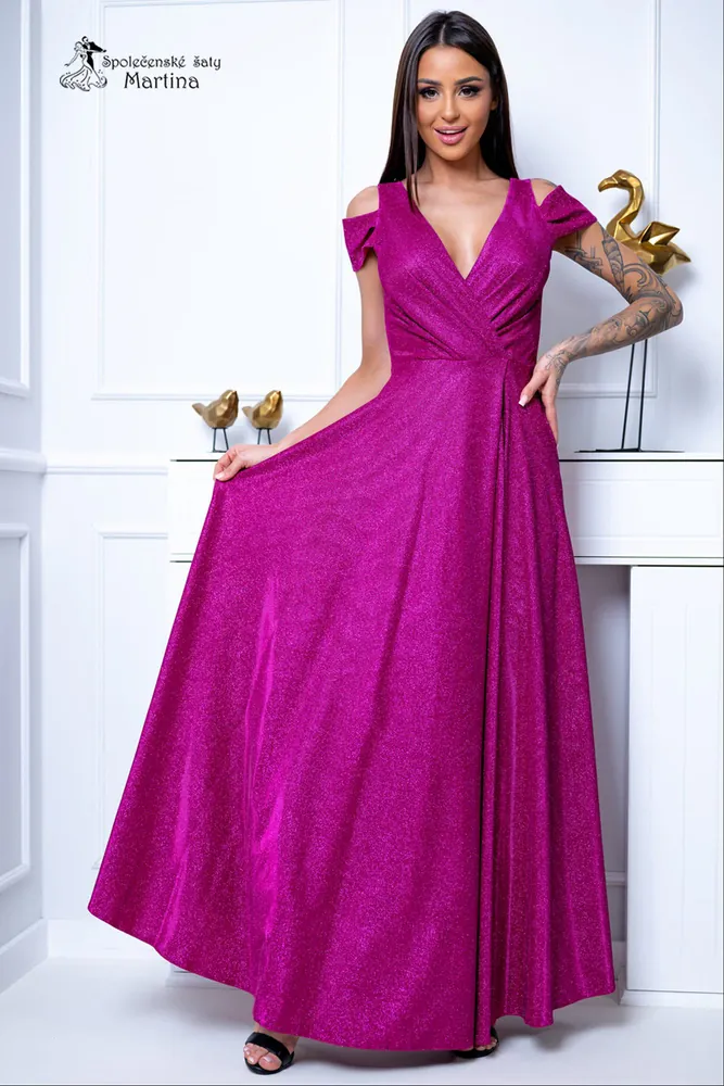 Fuchsiové společenské šaty "Gala diamond" se spadeným rukávem - vel. 38