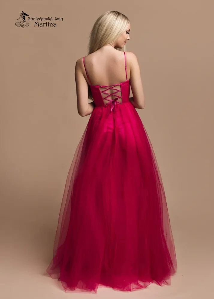 Fuchsiové tylové maturitní šaty "Flora" s korzetem - vel. L