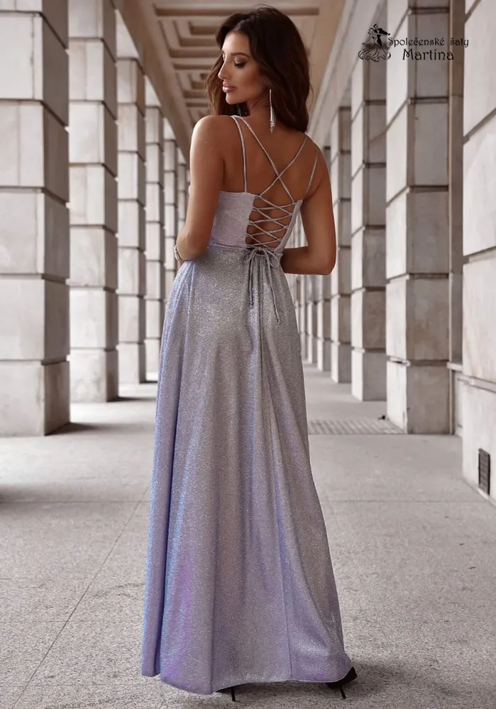 Světle modro-růžové brokátové společenské šaty "Valeria" s výstřihem "voda" - vel. 38