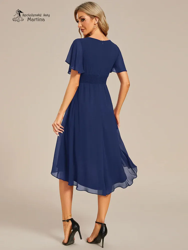 Jednoduché tmavě modré šifonové šaty po kolena "Lola" s krátkým rukávem - vel. 36