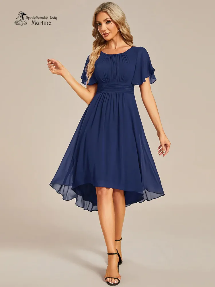 Jednoduché tmavě modré šifonové šaty po kolena "Lola" s krátkým rukávem - vel. 36