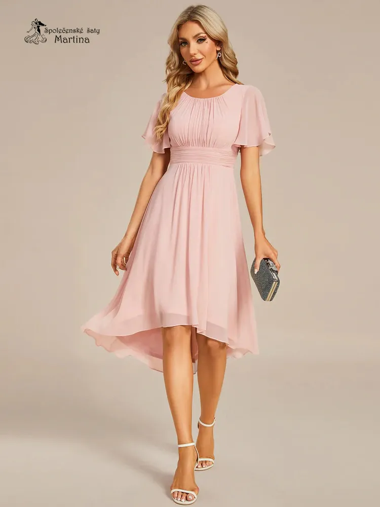 Jednoduché růžové šifonové šaty po kolena "Lola" s krátkým rukávem - vel. 42