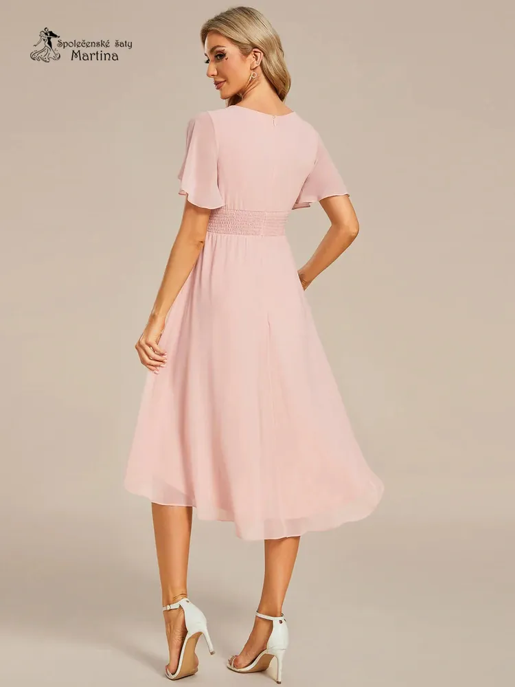 Jednoduché růžové šifonové šaty po kolena "Lola" s krátkým rukávem - vel. 42