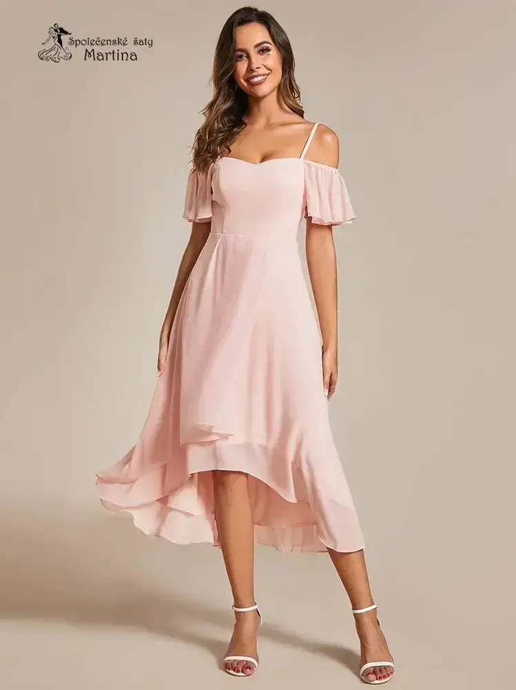 Růžové asymetrické šaty "Belinda" se spadenými rukávy - vel. 36