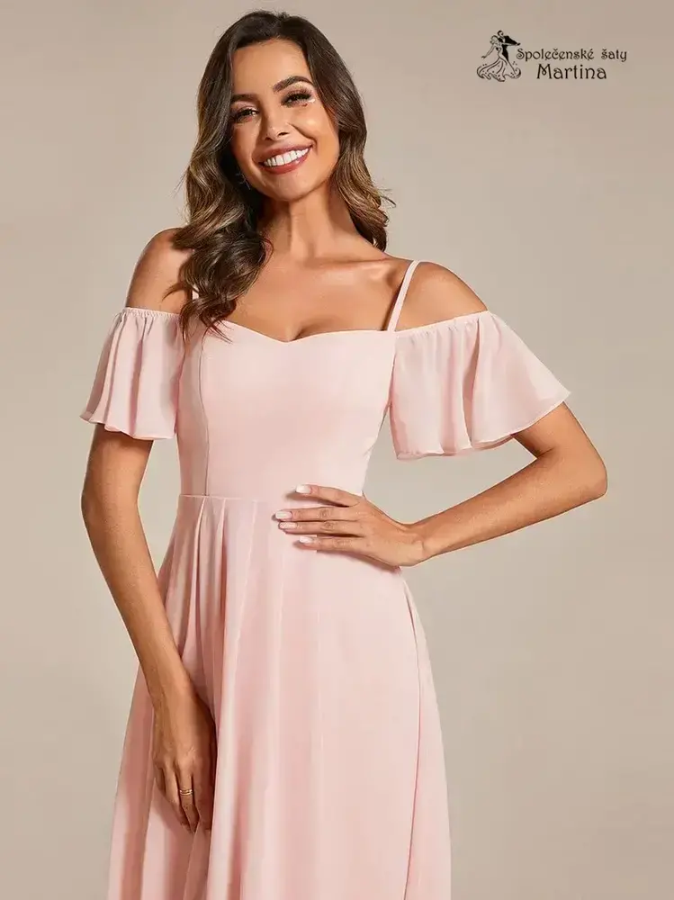 Růžové asymetrické šaty "Belinda" se spadenými rukávy - vel. 36