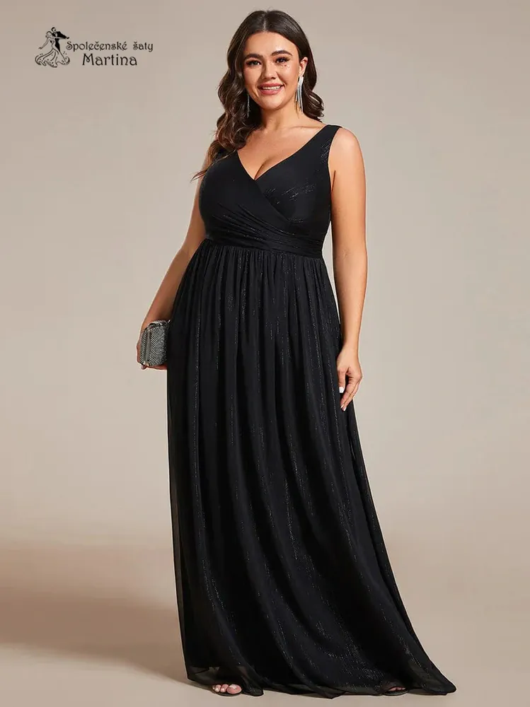 Černé dlouhé společenské šaty "Kristeen" z krásné látky protkané stříbrnou nití - vel. 52
