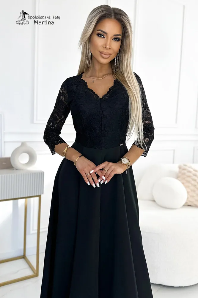 Černé šaty "Amber" s krajkovým živůtkem a 3/4 rukávy - vel. XL