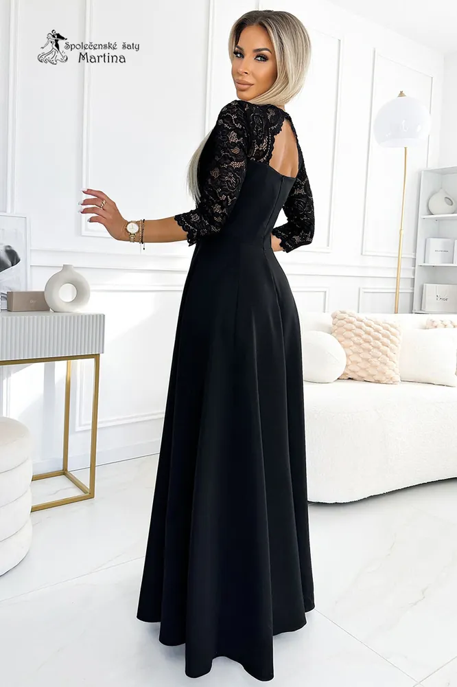Černé šaty "Amber" s krajkovým živůtkem a 3/4 rukávy - vel. XXXL