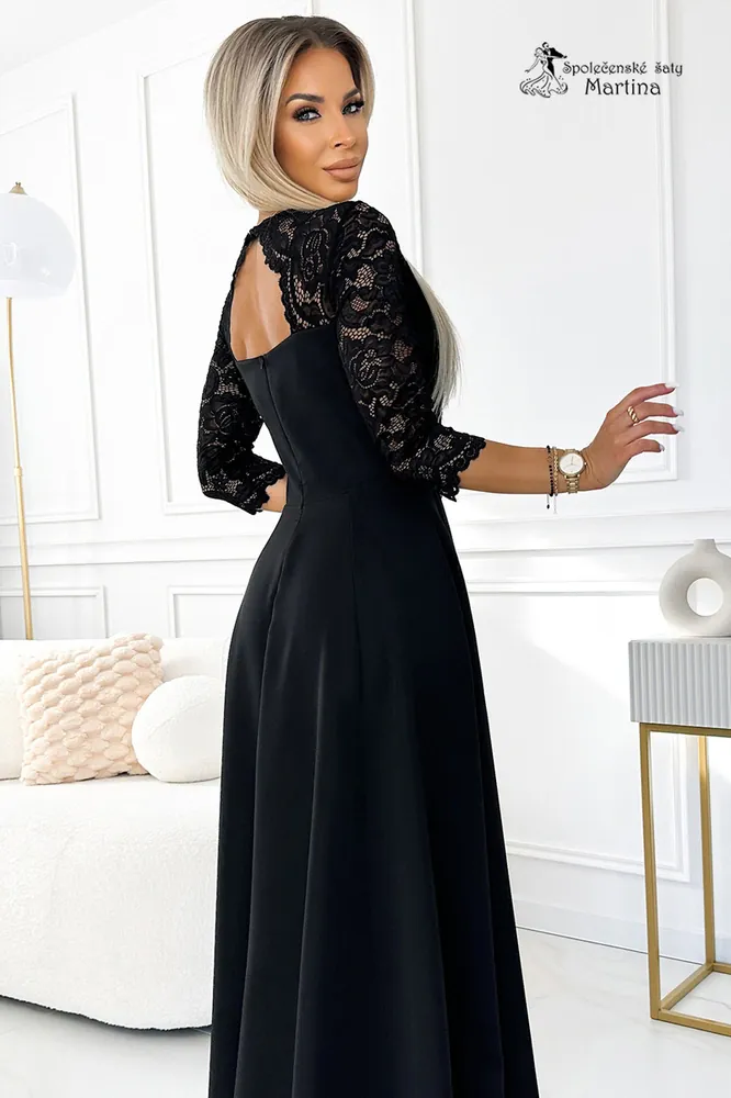 Černé šaty "Amber" s krajkovým živůtkem a 3/4 rukávy - vel. XXXL