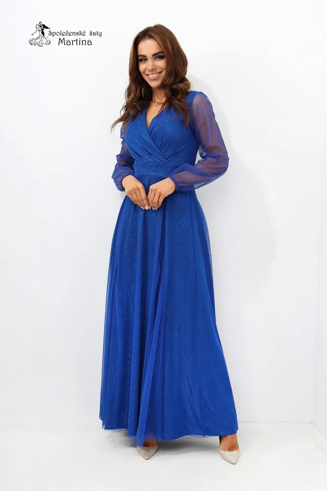 Královsky modré třpytivé tylové šaty s dlouhým rukávem "Zoey" - vel. 38