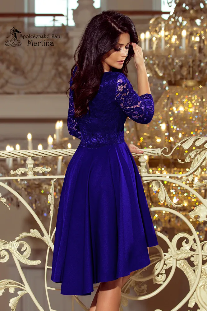Asymetrické šaty s krajkou a 3/4 rukávy "Nicolle" - královská modř  vel. XL
