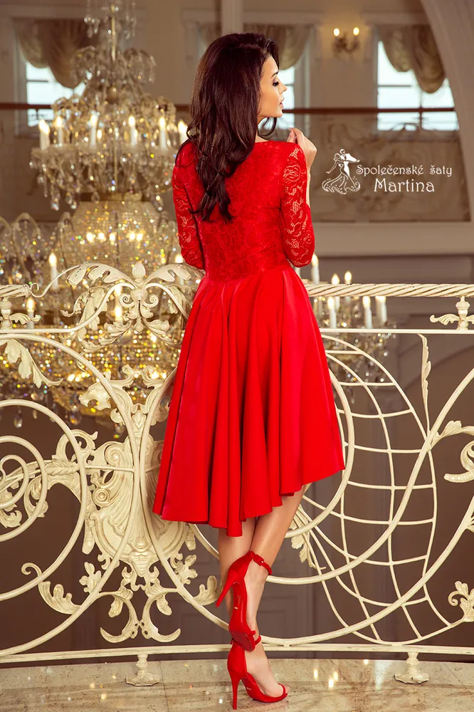 Asymetrické šaty s krajkou a 3/4 rukávy "Nicolle" - červené  vel. L