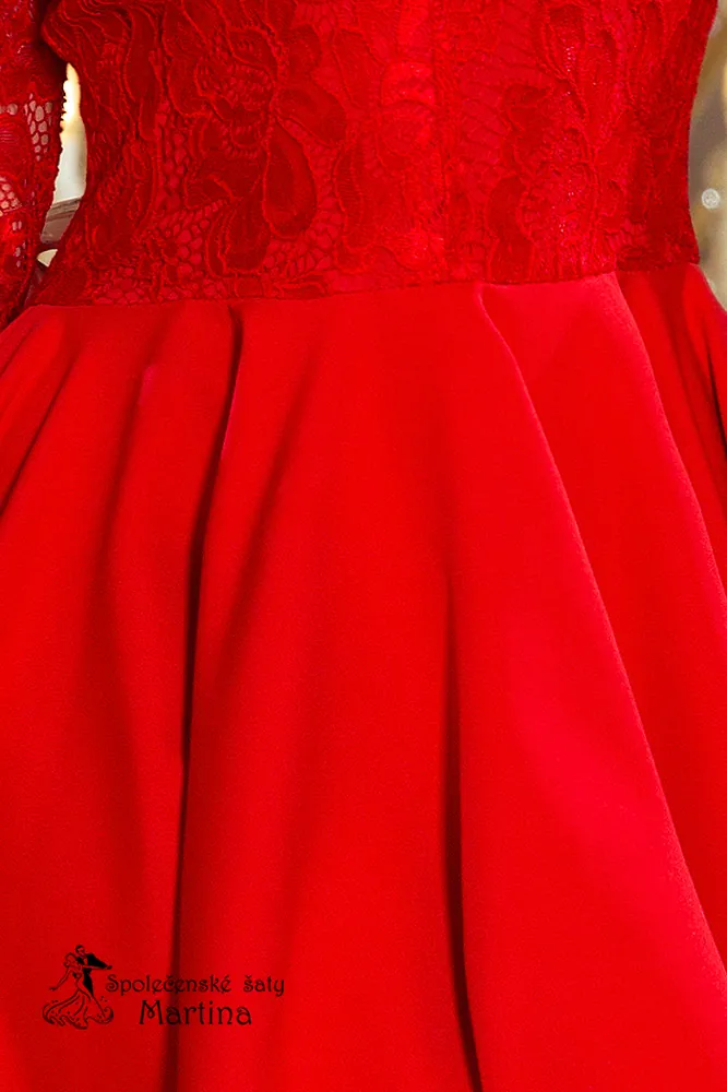 Asymetrické šaty s krajkou a 3/4 rukávy "Nicolle" - červené  vel. L