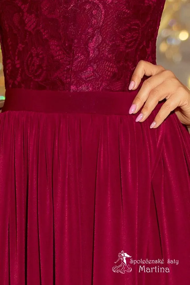 Dlouhé společenské šaty "Lea" s krajkovým živůtkem - vínové  vel. L