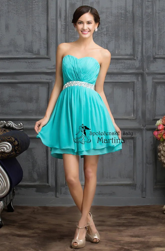 Krátké mintové šifonové šaty se zdobeným pasem "Marie" - vel. 32