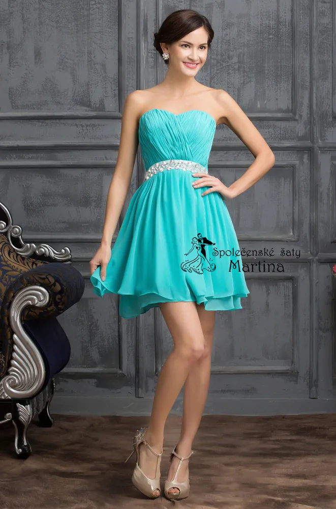 Krátké mintové šifonové šaty se zdobeným pasem "Marie" - vel. 32