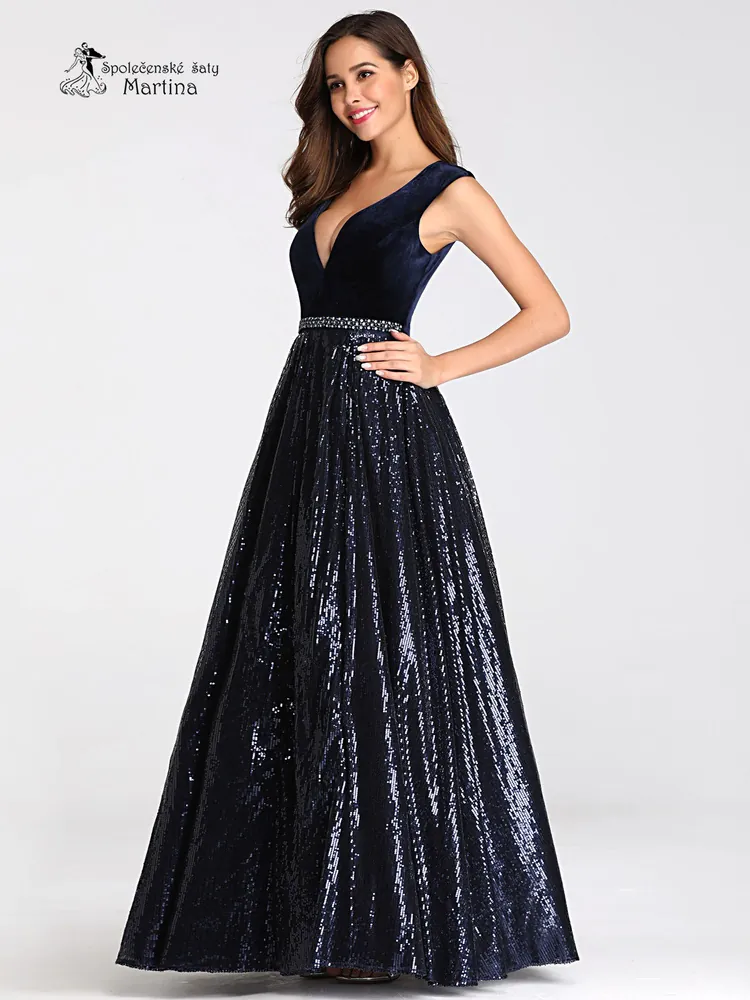 Dlouhé tmavě modré společenské šaty se sametovým živůtkem "Linett" - vel. 34