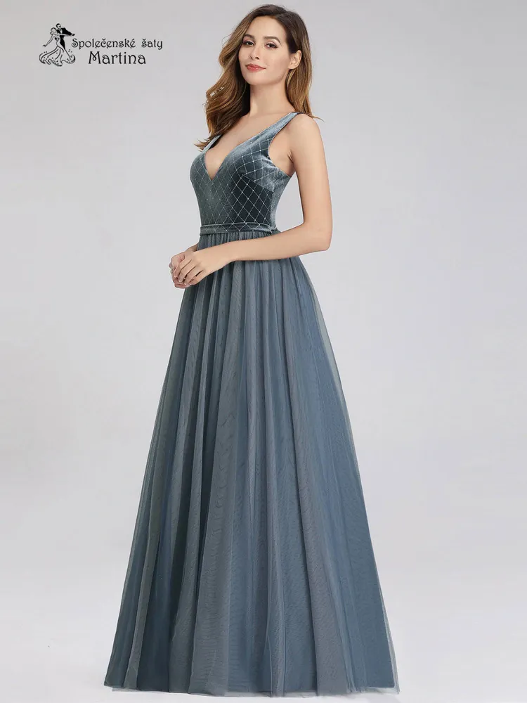 Dlouhé modro-šedé společenské šaty se sametových živůtkem "Darlene" - vel. 38