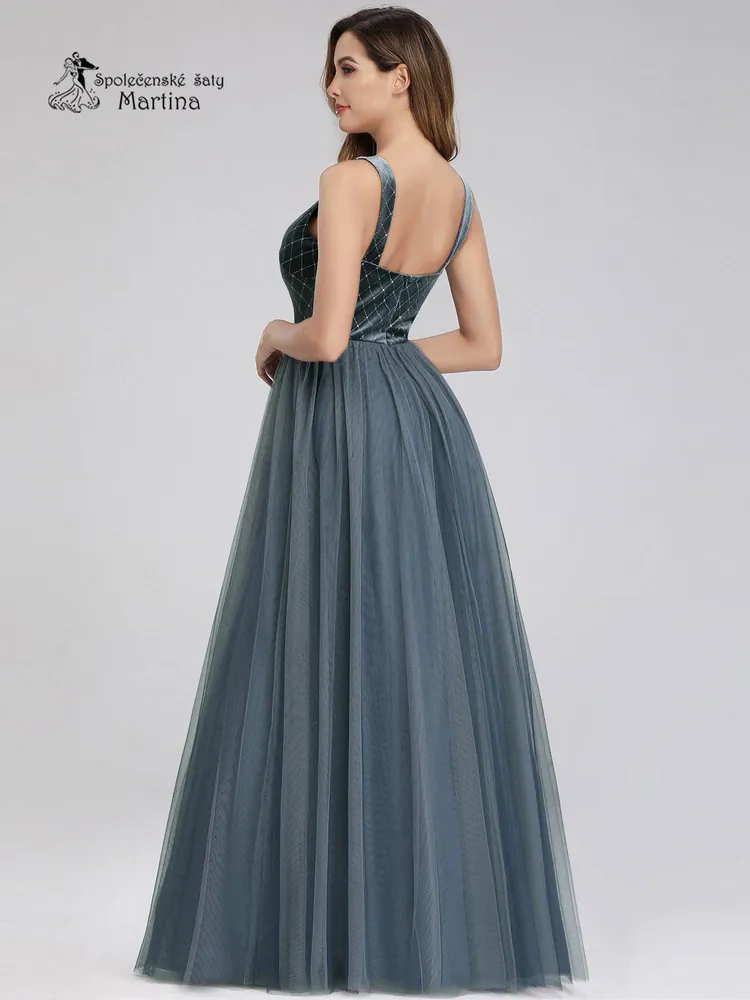 Dlouhé modro-šedé společenské šaty se sametových živůtkem "Darlene" - vel. 38